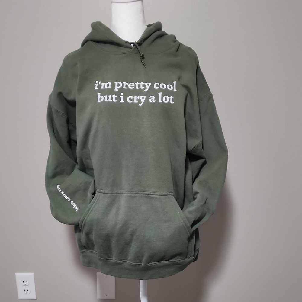 Olive Green Pullover Hoodie with White Print